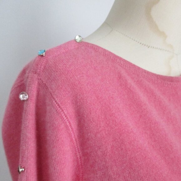 Rose Pink Cashmere Sweater Rhinestone Button Detail on Shoulders and Sleeves - Picture 6 of 11